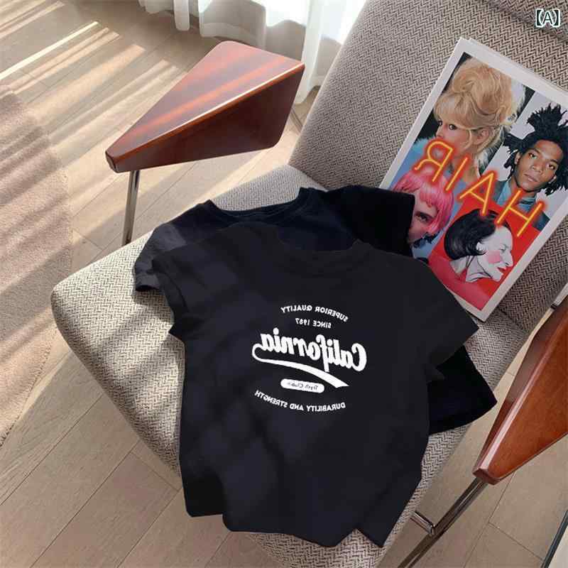 レディース Tシャツ トップス 綿 素材 短袖 短丈 修身 デザイン 感 小众 スタイル 気質 通勤 風 シンプル 丸首 セットヘッド プリント 加工 漫画 卡通 パターン 黒 白 紫 灰 色 夏 季節