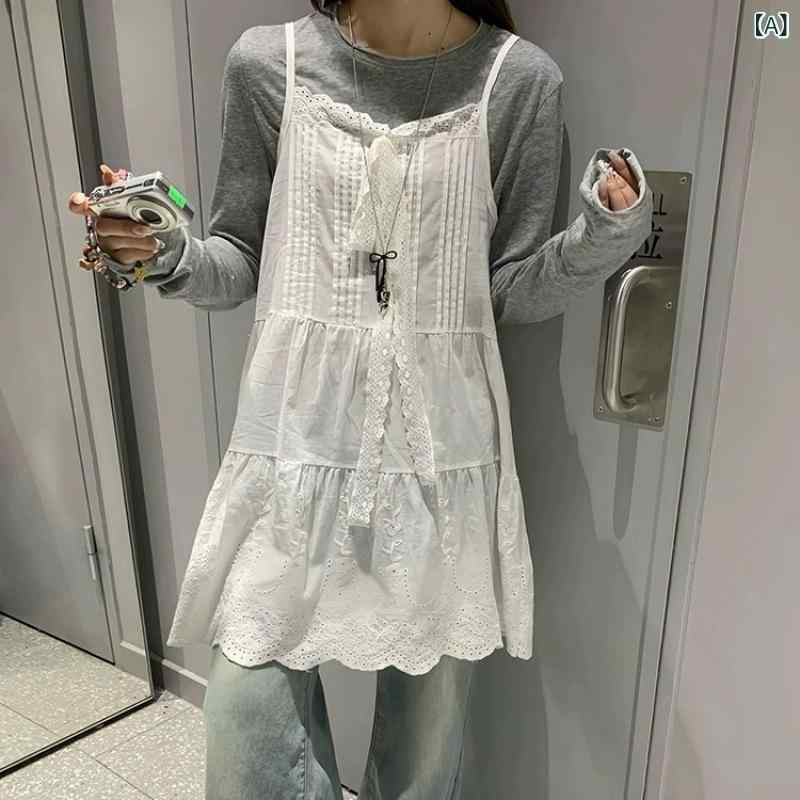Other - ワンピース レディース 白色 レース 切り替え 吊り帯 ドレス シンプル チュール スカート 短め 都市風 通勤 気質 女性用 メッシュ ポリエステル 素材 刺繍 装飾 フェミニン スタイル 秋冬