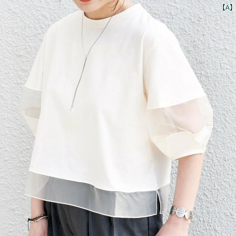 乐天商城 - 女性用 トップス シャツ 短袖 半高領 灯籠袖 五分袖 雪纺 切り替え レース ワイドシルエット スリム ゆったり 通勤 普段使い 気質 セットアップ風 腈纶 白 黒 夏 オールシーズン 接触冷感 吸湿速乾 軽量 伸縮性