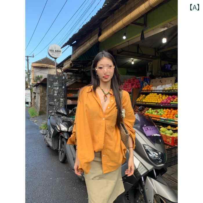 シャツ レディース 長袖 綿麻 ポリエステル ヴィロン 接触冷感 切り替え 純色 ポロ 襟 ゆったり シルエット 春 シーズン 防晒 トップス 外套 夏 休闲 百搭 上衣 清新 甘い 学院風 スタイル