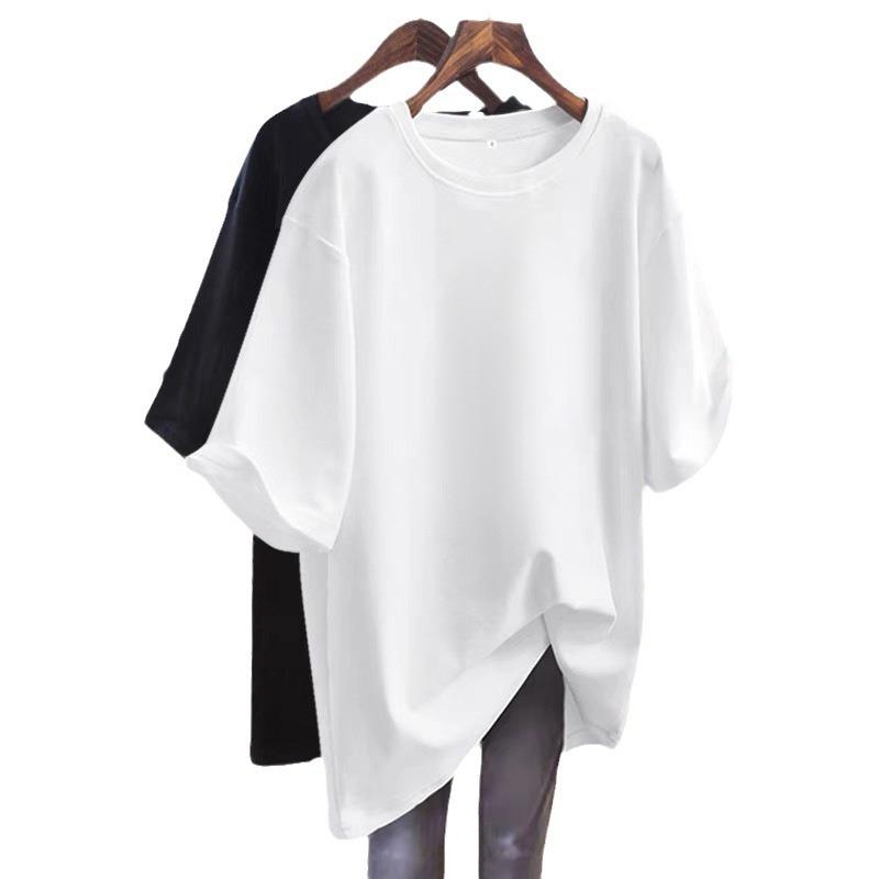 Other - Tシャツ レディース 短袖 綿 スパンデックス 混紡 丸首 ゆったり ワイド サイズ 純色 シンプル ミドルロング 丈 通勤 気質 スタイル 快適 日常 使い 酒紅 紺 緑 黒 白 グレー 紫 春季