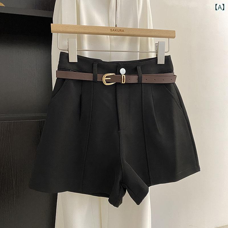 Long Pants - レディース 短パン 高腰 Aライン ワイドレッグ ハーフパンツ クロップドパンツ ポリエステル 薄手 微弾性 黒 白 杏 通勤 普段使い 快適 軽量 シンプル 韓国風 復古 2025夏