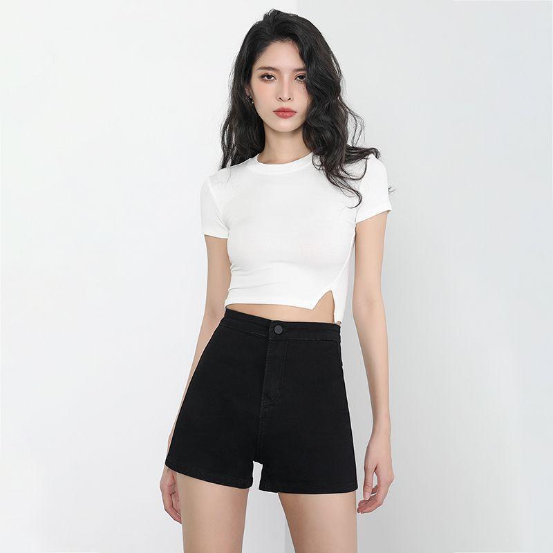 ショートパンツ レディース 高腰 タイト 牛仔 弾力 修身 A字 熱パン 綿 デニム 中厚 都市 通勤 気質 基本 黒 白 春季 高弾力 三分 安全 30-50%