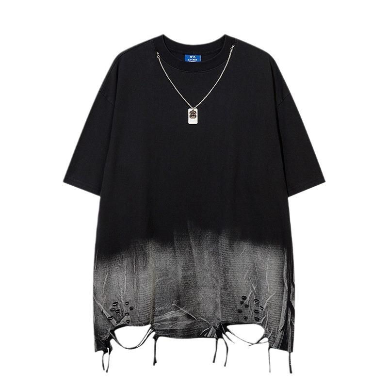 Rakuten - Tシャツ メンズ 短袖 黒 綿 素材 透気 性 落肩袖 オーバーサイズ ルーズフィット 丸首 タイダイ柄 抽象プリント ストリートスタイル 夏 日常使い カジュアル ティーン向け