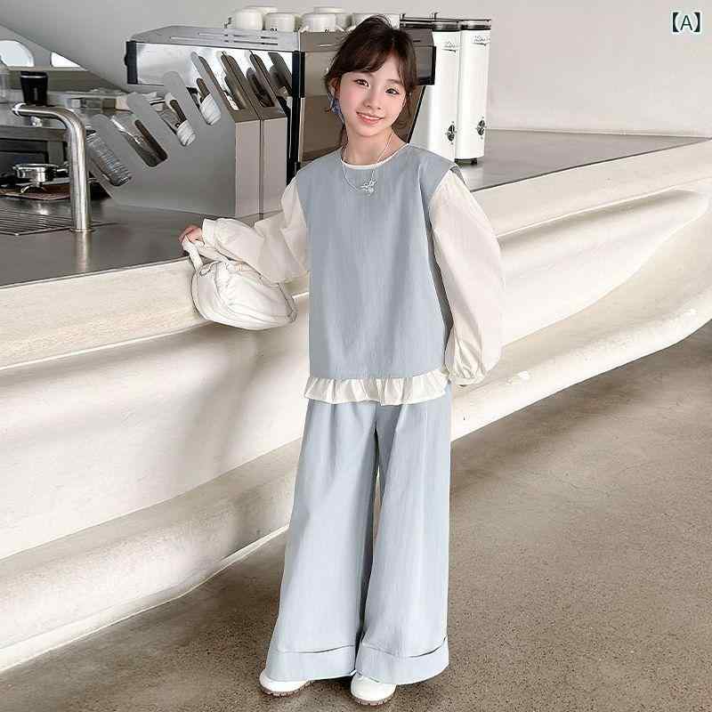 女の子 セットアップ トップス 花辺 シャツ 馬甲 長ズボン 3点セット 韓国風 春秋 オールシーズン 長袖 薄手 無地 切り替え デザイン ポリエステル 混紡 素材 120cm 130cm 140cm 150cm 160cm 170cm 身長対応 かわ