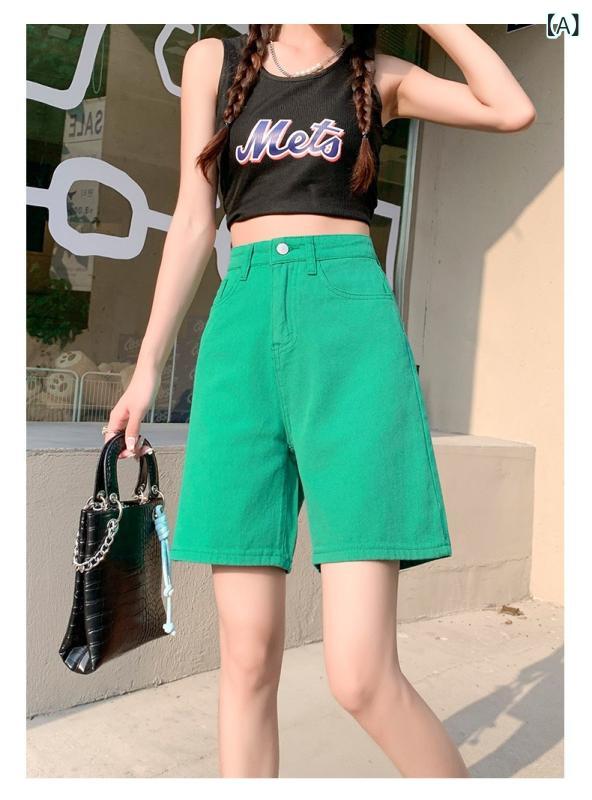 Cropped Pants - ショートパンツ 女性用 高腰 直筒 デニム 薄手 微弾性 夏 韓国風 デイリー コーデ 軽量 ストレッチ イエロー パープル グリーン