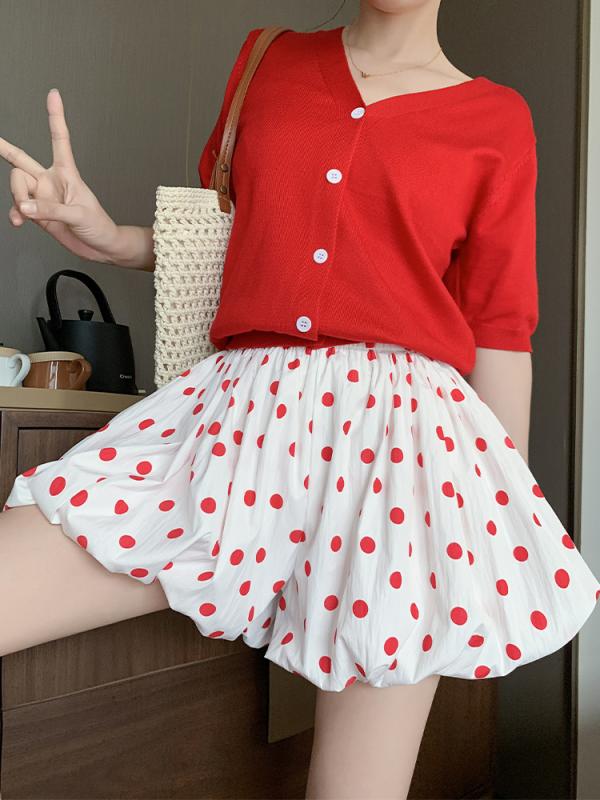 レディース ショートパンツ スカートパンツ 春季 ポルカドット 花びら 甘め ゆったり 高腰 スリム Aライン ポケット ポンパドール 白色 涼しい 涼感 薄手 基本 汎用 少女 通用体型 キャジュアル 日常使い 軽量 綿混 ポリエステル 涼やか 夏服