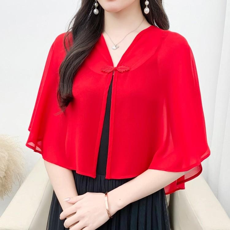 樂天商城 - レディース 防晒 シャツ 斗篷 ショール 雪紡 上衣 スカート セット 薄手 ゆったり Vネック バタフライスリーブ 無袖 切り替え 春 黒 白 赤 私服 御姐風 開き ワイドシルエット 通勤 普段使い アウトドア 軽量 透け感 百搭 コーディネート