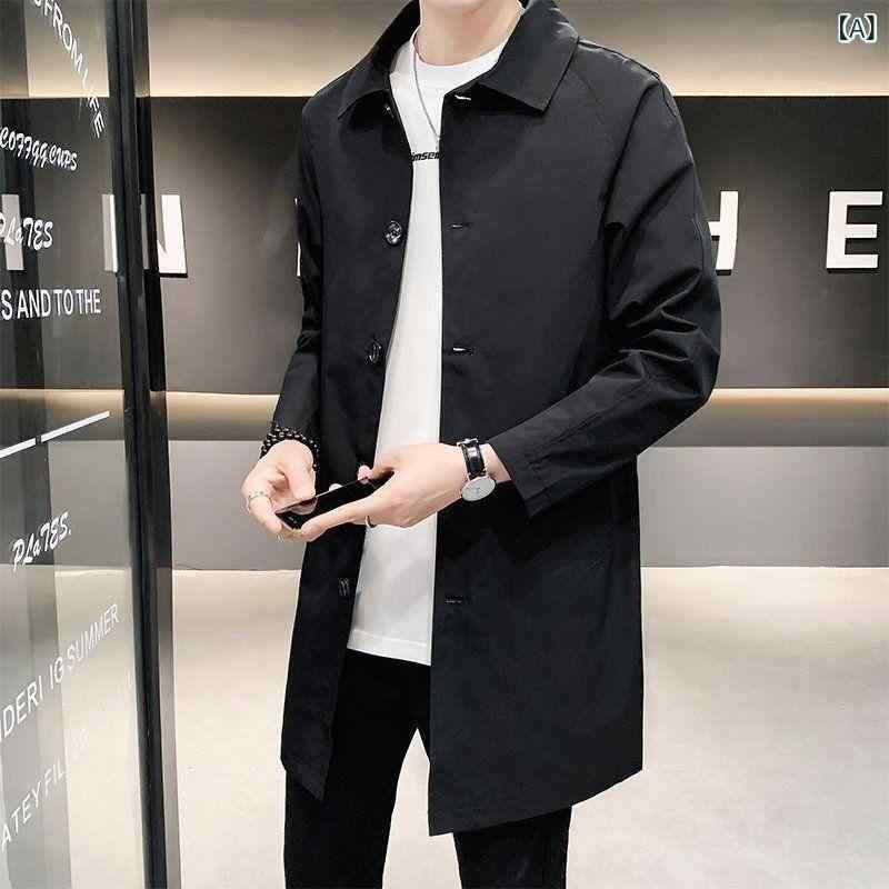 乐天商城 - 風衣 メンズ 薄手 トレンド スタンドカラー ボタン 上着 百搭 中長丈 大きいサイズ 合体型 モダール ウール混 黒 米白 オールシーズン 軽量 スタイリッシュ コート ジャケット 通勤 普段使い 秋冬