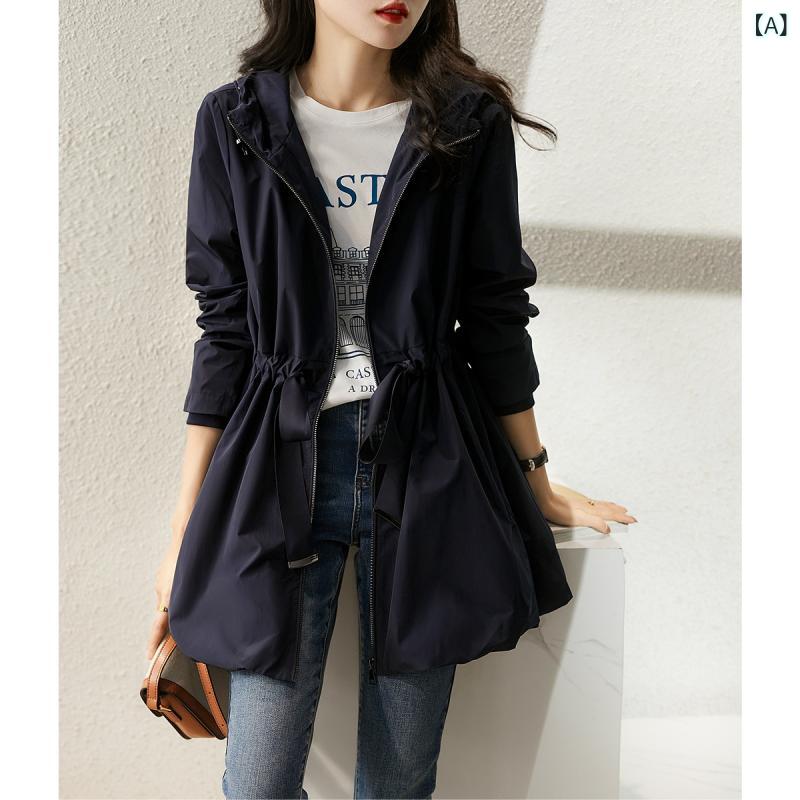 樂天商城 - トレンチコート レディース 中長丈 ゆったり 春秋 コート 女性 ファッション 春服 気質 通勤 連帽 長袖 ポケット 切り替え 夜幕 藍 ポリエステル 紡績 無地 中厚 普通 身長 ジッパー 普通 袖 成人 女性