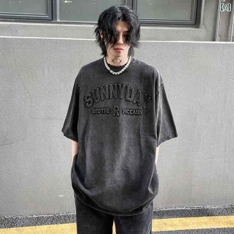 Other - Tシャツ メンズ 短袖 黒 コットン 混紡 透気性 立体 印花 3D 効果 宽松 型 圆领 套头 日常 街头 スタイル 情侣 装 復古 風 做旧 加工 水洗 重工 凹凸 潮男 夏季 字母 图案 宽松 版型 棉 透气 成人 男 潮流 男 T 跨境 專供 时