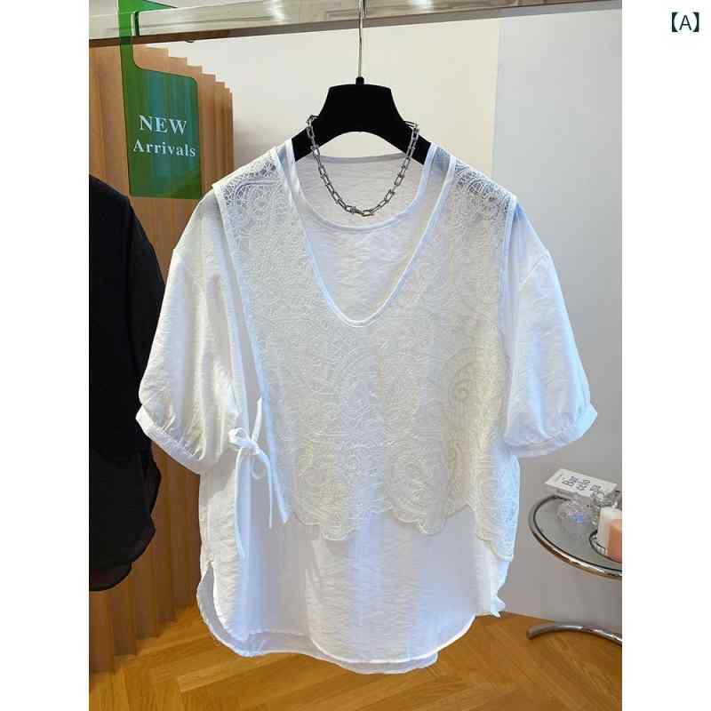 樂天商城 - レディース シャツ 切り替え フェイクツーピース シフォン ブラウス 短袖 春夏 ワイドシルエット 中長丈 ラウンドネック 3分袖 レース 刺繍 透け感 軽量 通勤 気質 個性 街頭 スタイル 白 黒