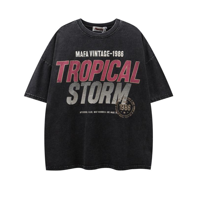 Tシャツ メンズ レディース 短袖 丸首 ゆったり 綿 素材 黒 夏 ストリート ファッション 情侣 カップル トップス 印花 プリント アルファベット 数字 柄 水洗 加工 休日 外出 普段使い ティーン 青春 スタイル 普通 厚み 200g 以上 色