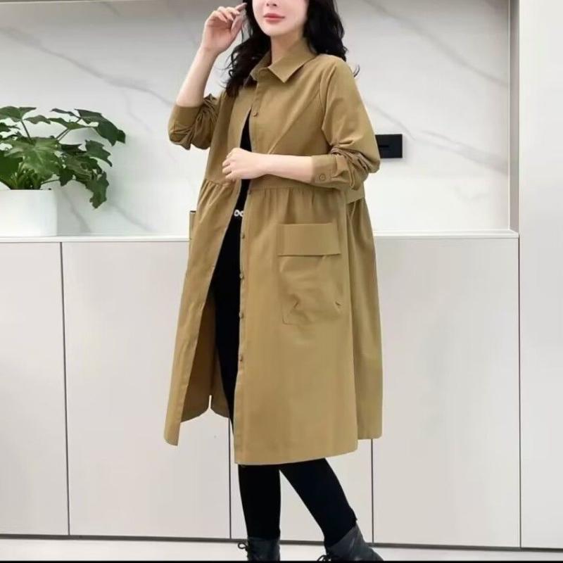 レディース トレンチコート 中長丈 春夏 秋冬 韓国風 ゆったり スタイリッシュ 人気 レジャー コーディネート 自由 ジャケット コート 風合い 軽量 薄手 ポリエステル 無地 POLOカラー 長袖 ルーズフィット カーキ 黒 赤 日常使い 通勤 外出