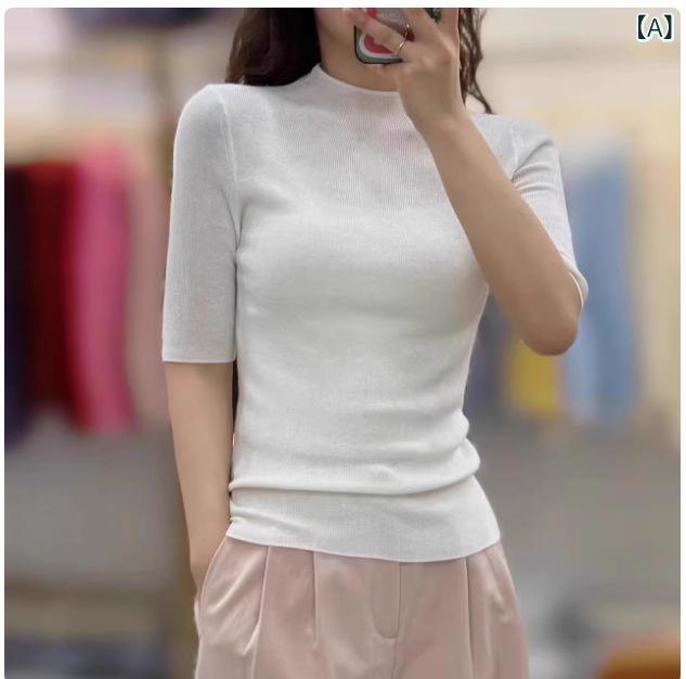 樂天商城 - ニット トップス 女性用 羊毛 薄手 無縫製 中袖 半高領 修身 純色 セットアップ 春季 白 コーヒー 紫 グレー トルコ石 黒 清新 甘い スタイル セットオン 普通丈 切り替え 加工 90% 羊毛 素材 軽量 柔らかい 肌触り シンプル デザイン