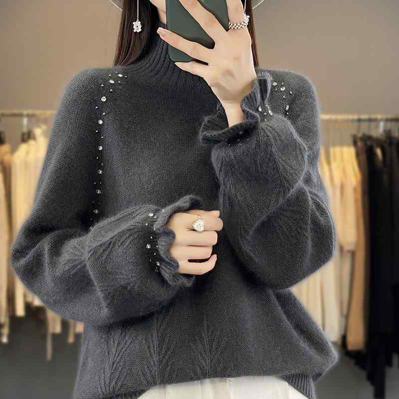 毛衣 レディース 高領 ニット トップス 秋冬 長袖 ワイドシルエット ゆったり ラフスタイル 厚手 切り替え 3D 立体 パターン ビーズ 刺繍 オーストラリア 羊毛 綿羊毛 ブラウン グレー ホワイト ブラック 私服 名媛風 セット 頭 着用