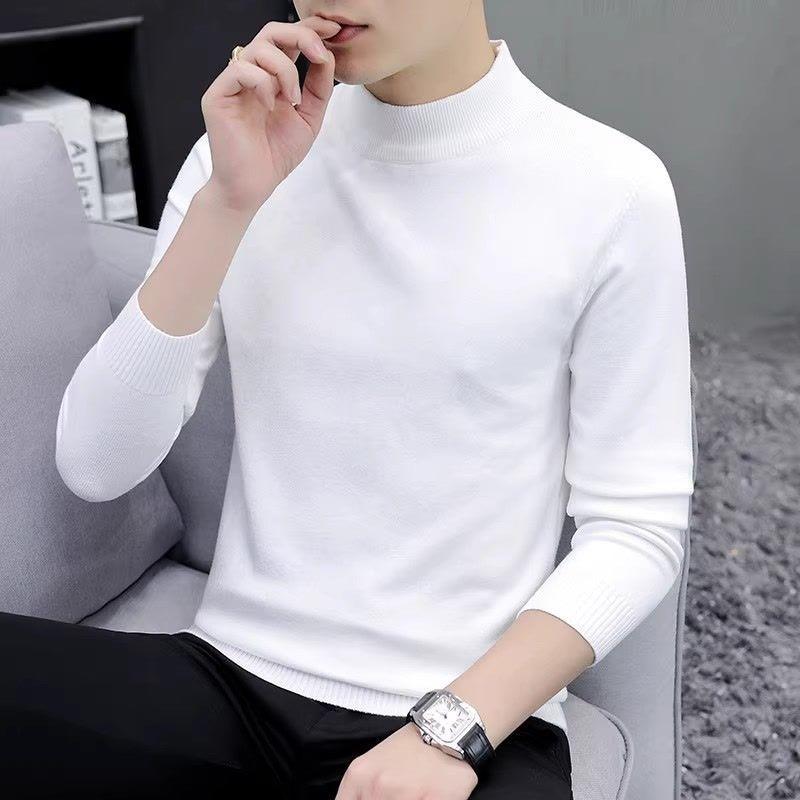 Rakuten - セーター メンズ 半高領 長袖 ニット トップス 秋冬 青少年 ゆったりシルエット シンプル デザイン 化繊混紡 ポリエステル 厚手 暖かみ 高級感 軽量 普段使い レイヤード トップス 白色 黒 緑 グレー 紺 杏色 深グレー ベーシックカラー ニット