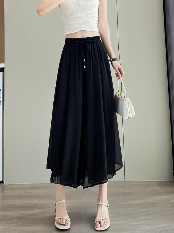 Cropped Pants - レディース スカートパンツ 偽2点 夏 黒 九分 小柄 ワイドパンツ ゆったり ハンギング 薄手 シフォン クロッチ レギンス ポリエステル 高腰 微弾力 韓流 カジュアル 日常使い 通勤 通学 デイリー 軽量 涼しい ブラック ホワイト ブルー