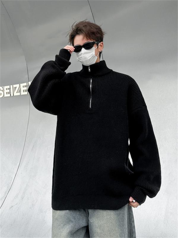 Other - メンズ セーター 秋冬 長袖 半高領 半拉链 条紋 切り替え 復古 潮 雰囲気 毛衣 男 綿混紡 ポリエステル 混紡 色牢度 高 ロケン底辺 ワイドシルエット 黒 灰 杏 色 ゆったり 着こなし 青少年 向け 冬季 暖か ニット トップス コットン ブレ