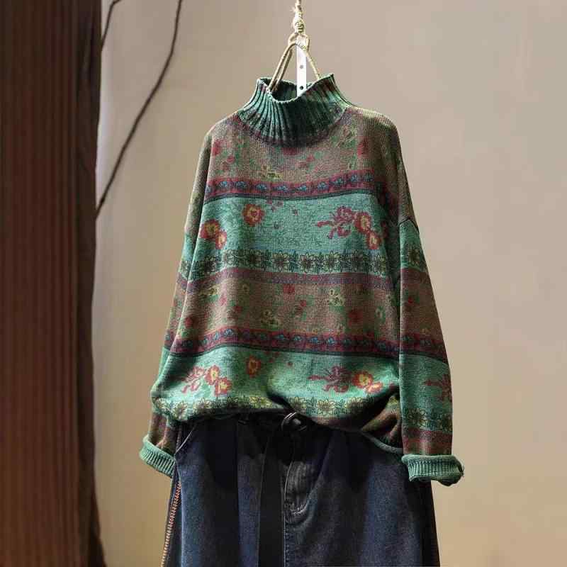 毛衣 レディース 秋冬 半高領 綿 ニット トップス ゆったり 大きいサイズ セットアップ 長袖 切り替え デザイン 緑 紺 米 赤 柄 刺繍 ..
