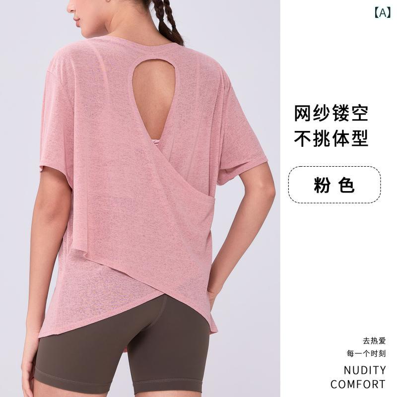 Polo Shirt - レディース トップス ヨガ 罩衫 透け感 バックスタイル ゆったり 吸湿速乾 竹節 ガーゼ ポリエステル 短袖 ピンク ライトブルー パープル グリーン ライトグリーン ホワイト ブラック ランニング フィットネス トレンド 夏 春夏 秋冬 オールシーズ