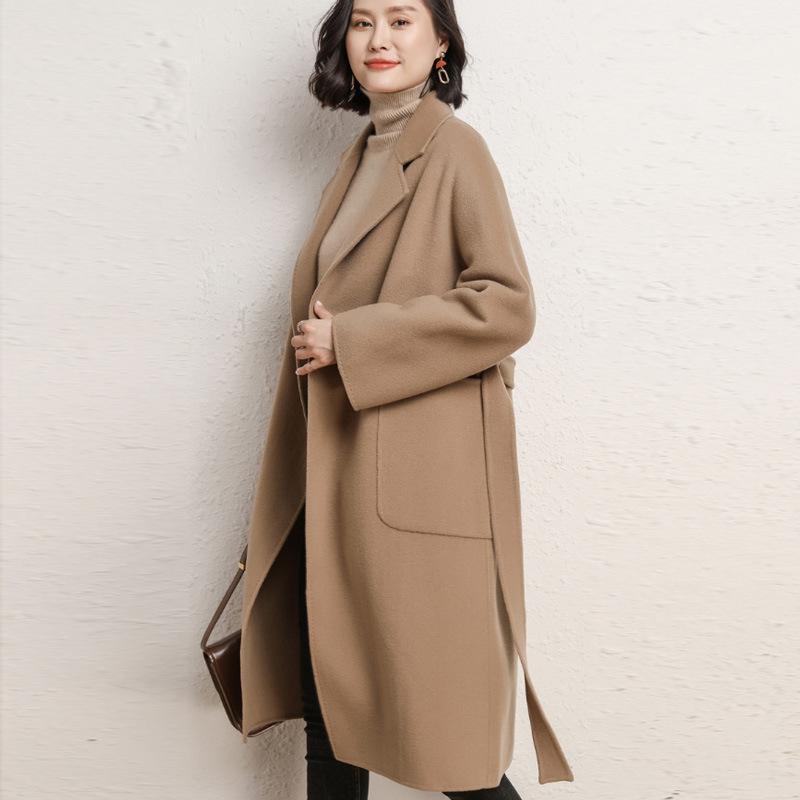 樂天商城 - コート レディース 羊毛 100% ダブルフェイス ミドルロング 韓国風 ルーズ シルエット 厚手 秋冬 オーバーサイズ 気質 通勤 スタイル 長袖 西装領 ノーカラー コットン 混紡 再生繊維 ピュアカラー 伸縮性 軽量 白色 黒 ベージュ 可可 ブラ