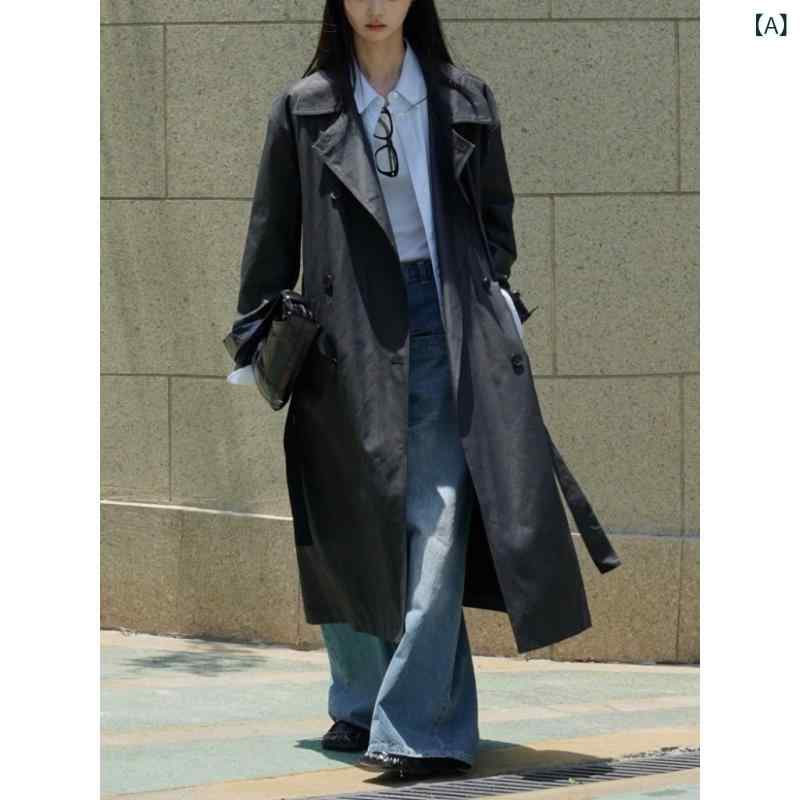 ロングコート 女性用 秋冬 韓国風 デザイナー 風光 コーティング 質感 ラペル ウエストベルト シルエット リラックス 長袖 コットン 95% 純色 ミドル厚 ルーズフィット ロング丈 フェイクレザー 切り替え シンプル 黒 シングルブレスト ボタン remake-buddy-10497126 リメイクバディー サンプル画像2