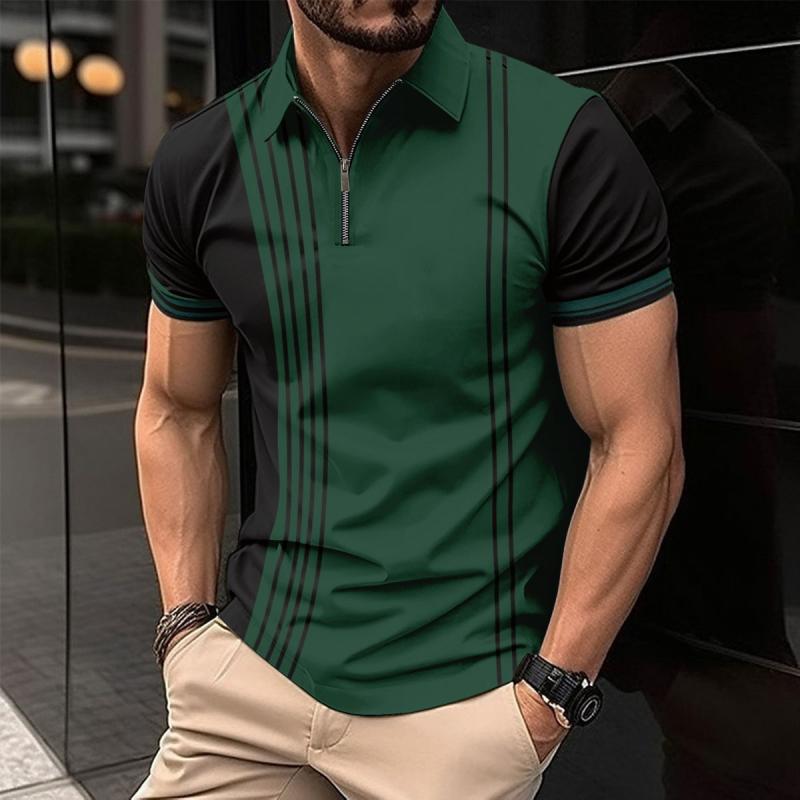 Other - メンズ POLOシャツ ゴルフ 短袖 トップス 切り替え 条紋 デザイン 綿混紡 ポリエステル 素材 耐久性 伸縮性 ゆったり シルエット 夏 グリーン ブルー カーキ 休闲 ゴルフウェア スポーツ ファッション
