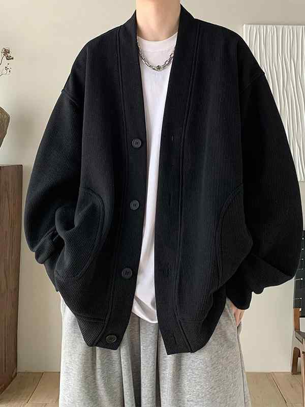メンズ ジャケット 無領 開衫 長袖 落肩袖 単排ボタン ポリエステル 黒 灰 ゆった...