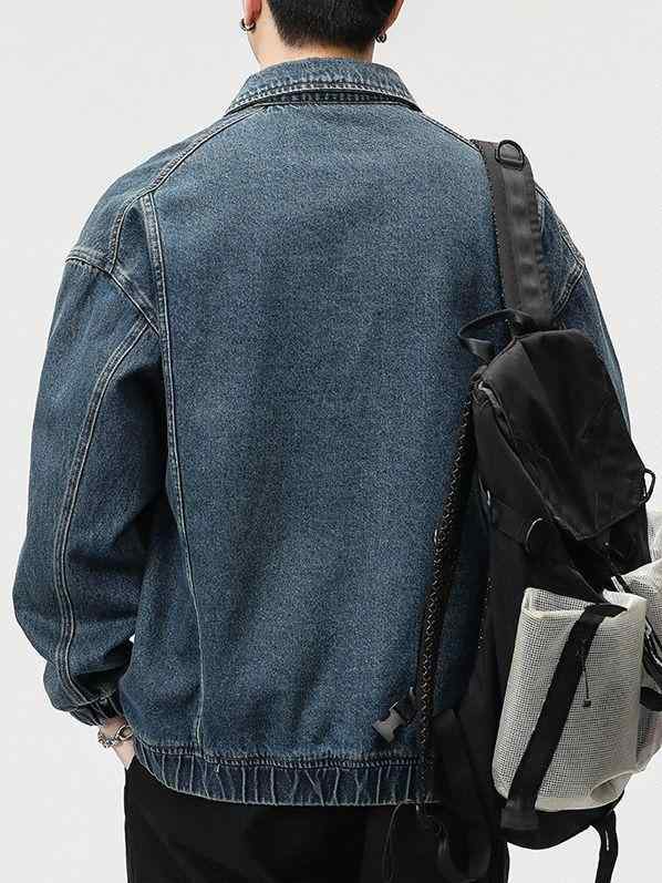 TAKEO KIKUCHI SPORT - メンズ ジャケット ブルー 黒 コットン 混紡 牛仔布 長袖 翻領 ラップ ジップ ワイド ルーズ フィット ポケット サイドポケット 直ヘム デイリー ユース 春夏 秋冬 オールシーズン 青年 カジュアル スタイル 軽量 通勤 普段使い アウトドア