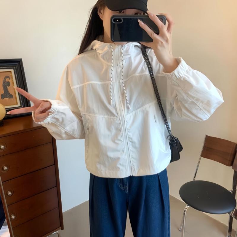 TAKEO KIKUCHI SPORT - レディース ジャケット 長袖 フード付き 透気性 UVカット 防晒 短丈 ルーズフィット ポリエステル 黒 灰 紺 骨白 夏 ランニング 運動 ヨガ フィットネス 徒歩 室内 軽量 通気 速乾 屋外 アクティブウェア