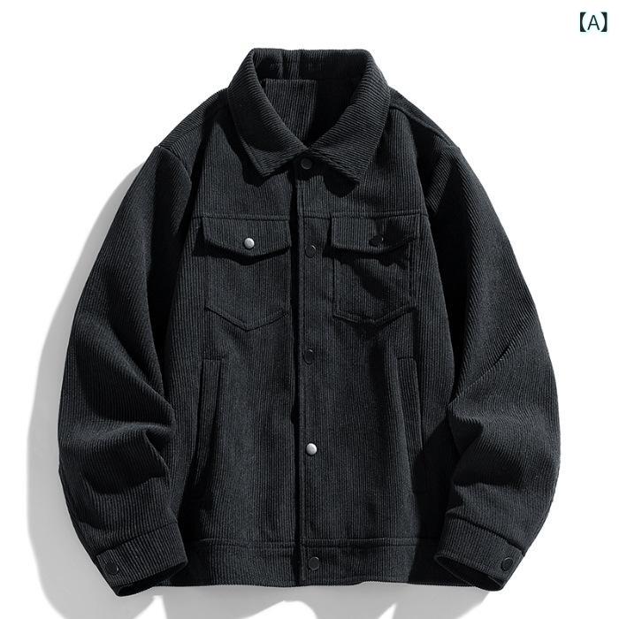 リメイクバディーのメンズ ジャケット 灯芯绒 ポリエステル 耐磨 ファッション 都市 スタンダード ラフ ターンカラー ルーズフィット シングルブレスト ボタン ノーハット ミディアム厚 ソリッド 長袖 スタンダードスリーブ 直ヘム 立体ポケット 黒 米色 軍緑 秋季 テ｜アングル2