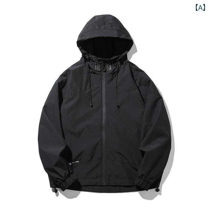 リメイクバディーのメンズ ジャケット 防水 フード付き 秋 登山 ゆったり 大きいサイズ コットン混紡 長袖 無地 ラグラン袖 立体ポケット 斜め裾 プレーツ加工 黒 緑 灰 ゆったりシルエット 軽量 普段使い 通勤 厚手｜アングル2