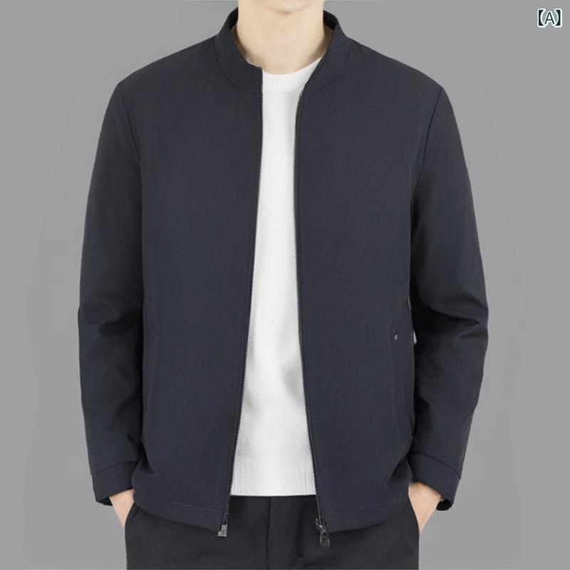 Wind Breaker - メンズ 立襟 ジャケット コート 春秋 中年 ビジネス 休闲 合体 長袖 純色 直下摆 金属 装飾 側縫 挿袋 外穿 吸湿 排汗 耐磨 色牢度 高 再生繊維 ナイロン 87% ポリエステル 裏地 100% 免烫 処理 紺 ネイビー 黒 グレー ベージュ