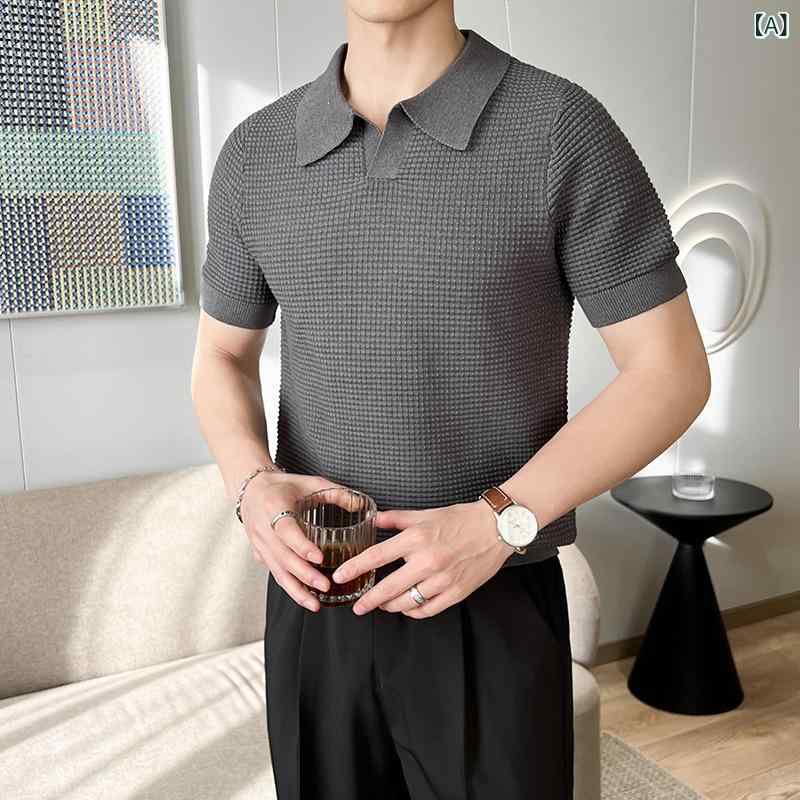 メンズ POLOシャツ 立襟 半袖 ニット トップス 軽熟風 青年 百搭 打底 軽熟 休闲 ...