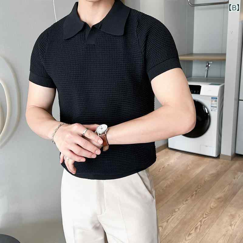 メンズ POLOシャツ 立襟 半袖 ニット トップス 軽熟風 青年 百搭 打底 軽熟 休闲 ...