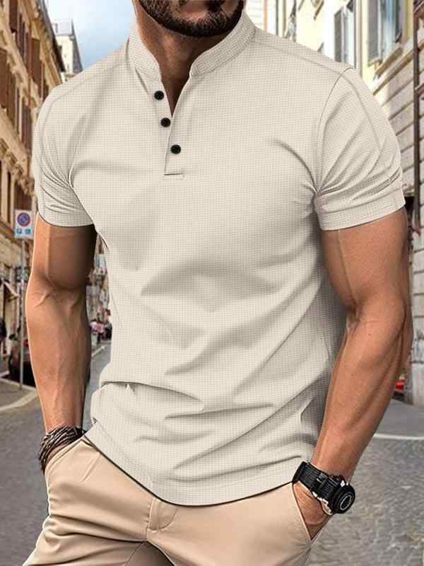Shirts - メンズ ポロシャツ 短袖 立襟 華夫格柄 真丝 麻 素材 耐磨 防風 高弾 免烫 ボタン 合体型 格子柄 印花 普通厚 夏 黒 白 赤 灰 卡其 紺 休闲 青春 18-24歳