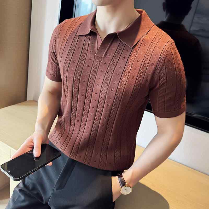 Shirts - メンズ POLOシャツ 短袖 翻領 切り替え 接触冷感 修身型 綿混紡 純色 免烫 軽量 夏 黒 米白 コーヒー 紫 休闲 青年 都市 24-35歳