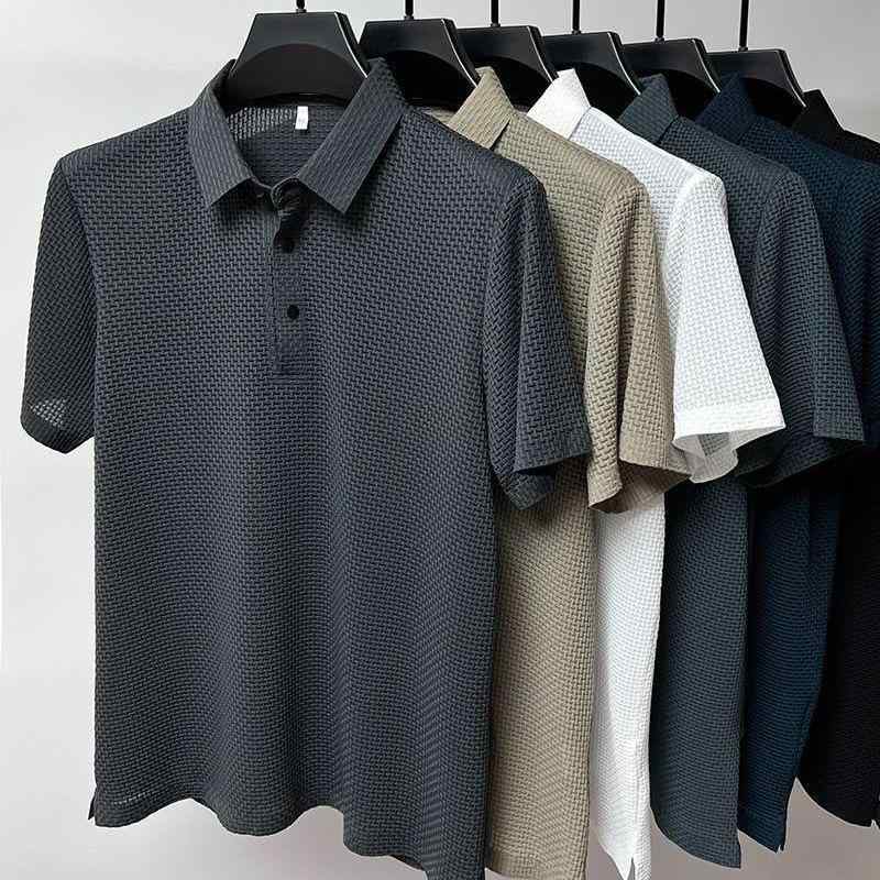 Shirts - メンズ ポロシャツ 短袖 トップス 竹節 提花 網目 接触冷感 翻領 ユニ シンプル 黒 白 灰 カラーカラー 夏 涼しい 薄手 ゆったり 耐摩耗 ポリエステル 繊維 日常 ファッション ユニセックス スタイル