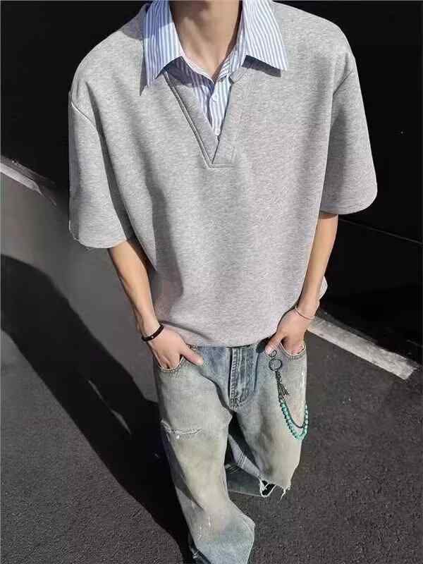 ポロシャツ メンズ 短袖 灰 黒 ポリエステル 切り替え デザイン 港風 ゆったり サ...