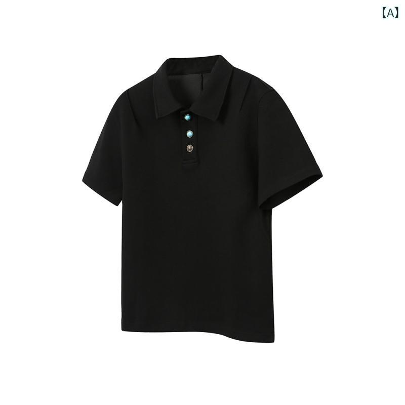 Shirts - POLOシャツ メンズ レディース 短袖 夏用 ゆったりシルエット 日式レトロ風 刺繍 薄手 精梳綿 ポリエステル混 コットン混 ストレッチ素材 透気性 吸湿速乾 防水 開衩 黒 花灰色 運動 青春流行 18-24歳向け 情侣 休闲