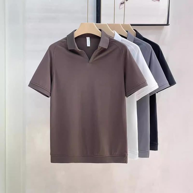 Shirts - メンズ ポロシャツ 短袖 翻領 トップス 純色 修身 半袖 Tシャツ 男性用 潮 刺繍 薄手 春夏 条紋 柄 ラビットウール 96% 以上 コンテンツ 白色 黒 灰 色 カフェオレ 色 ゆったり シルエット 洗濯機 洗い 可能 休闲 スタイル