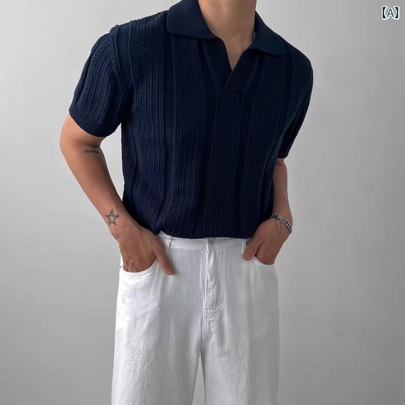 Shirts - メンズ Poloシャツ 半袖 短袖 夏 夏季 涼しい 接触冷感 アイスシルク ポリエステル 100% 無地 純色 切り抜き 镂空 デザイン ゆったり ルーズフィット フィット 合体型 普通厚 洗濯機洗い可 ラベル付き 吊り札付き ブルー 黒 白 カラー