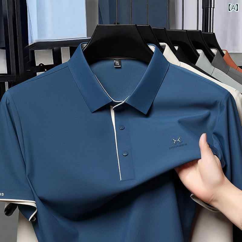 Shirts - メンズ ポロシャツ 半袖 短袖 Tシャツ 上衣 接触冷感 アイスシルク 真丝 ニルオン 薄手 軽量 高弾性 耐摩耗 無痕 無し襟 無縫製 純色 ワイドシルエット 切り替え 不対称 デザイン 夏 夏季 グレー 緑 黒 オレンジ ミルクブルー ブルー グリー
