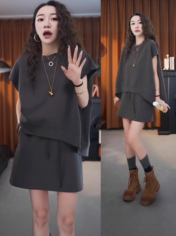 レディース セットアップ Tシャツ スカート セット 夏 綿 混 アセチル 伸縮性 ゆったり 短袖 3分袖 切り替え デザイン 純色 グレー 緑 黒 韓国風 カジュアル 日常使い かわいい ファッション トップス ボトムス 組み合わせ