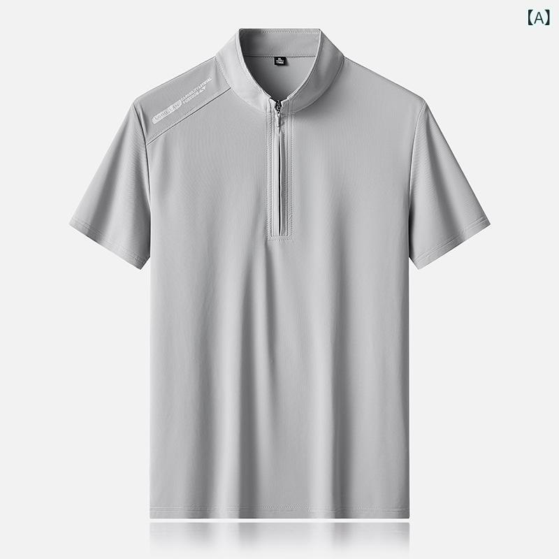 Shirts - ポロシャツ メンズ 短袖 立襟 半胸ジッパー 薄手 透気性 化繊混紡 ニルロン ビジネス 通勤 休闲 高弾性 吸湿速乾 浅灰 深灰 軍緑 深藍 夏季 純色 水洗 合体型 ファッション 都市 24-35歳