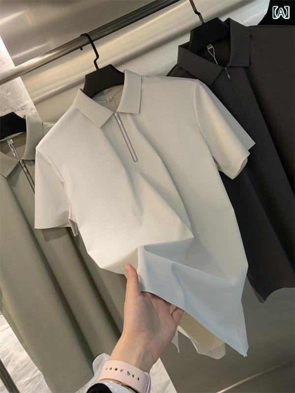 Shirts - メンズ POLOシャツ 短袖 直筒 合体型 無痕 透気 吸湿排汗 薄手 夏季 都市 日常 ビジネス 紳士 35歳以上 純色 翻領 休閑 锦纶 ニロン 71-80% グレー 黒 緑