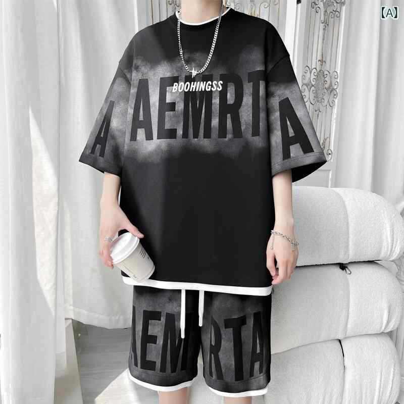 メンズ Tシャツ ショートパンツ セット 接触冷感 短袖 夏服 学生服 トレンド 黒 白 ピンク ミントグリーン ポリエステル 混紡 生地 涼しい 伸縮性 カジュアル 普段使い アウトドア