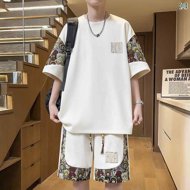 メンズ 短袖 Tシャツ セット 半ズボン ベア刺繍 切り替え ルーズフィット 大きいサ...