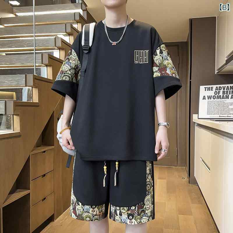 メンズ 短袖 Tシャツ セット 半ズボン ベア刺繍 切り替え ルーズフィット 大きいサ...